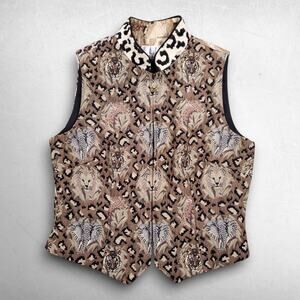 VTG TAPP NY Safari Animal Tapestry Vest Women L Brown Zip Mandarin Collar Lined
